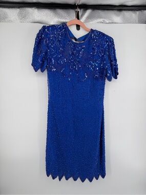 Vtg Sweelo Mob Wife Art Deco Royal Cobalt Blue Beaded Sequin Silk Dress M